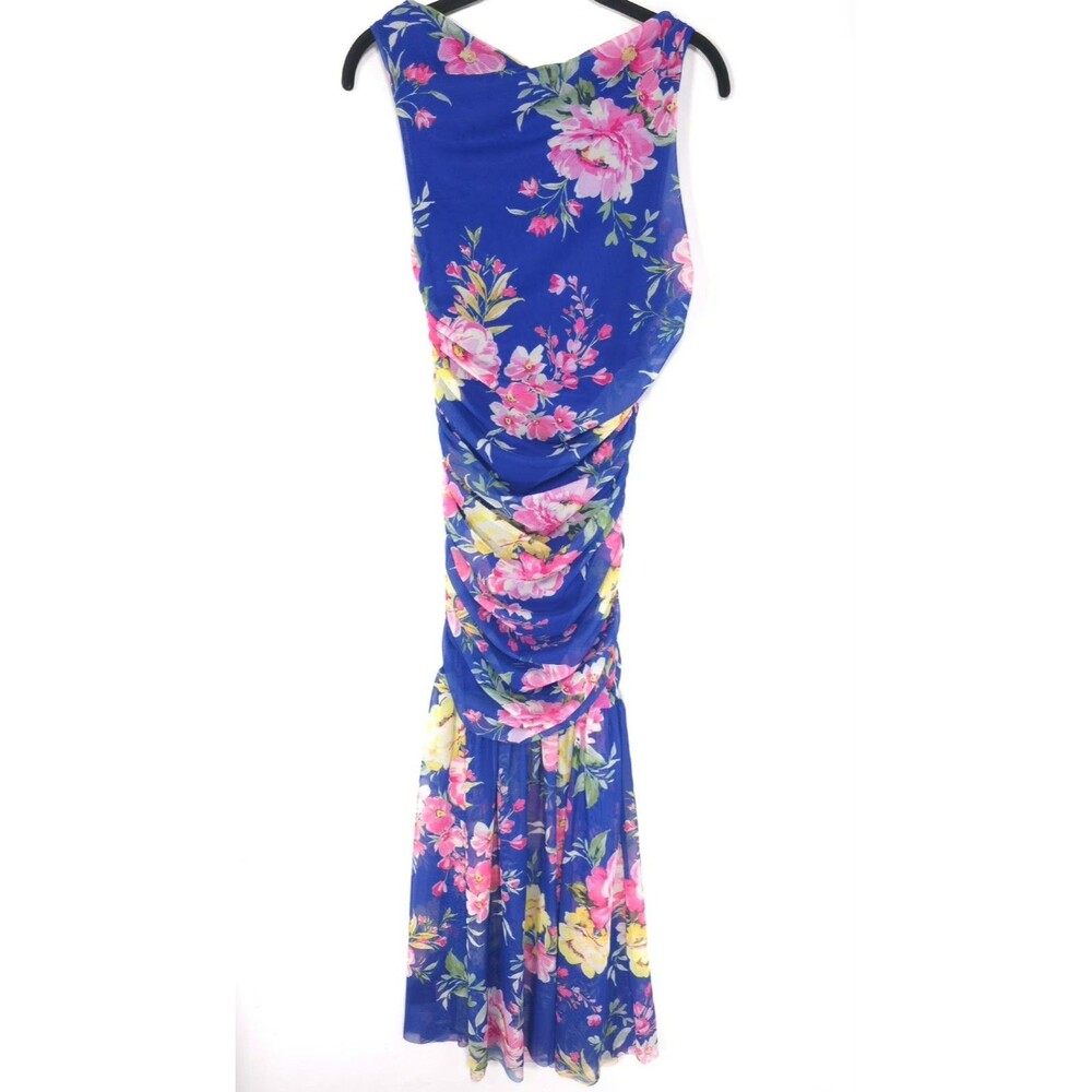 ANTHROPOLOGIE Women's New XS Maxi Dress Off Shoulder Printed Mesh Blue Floral